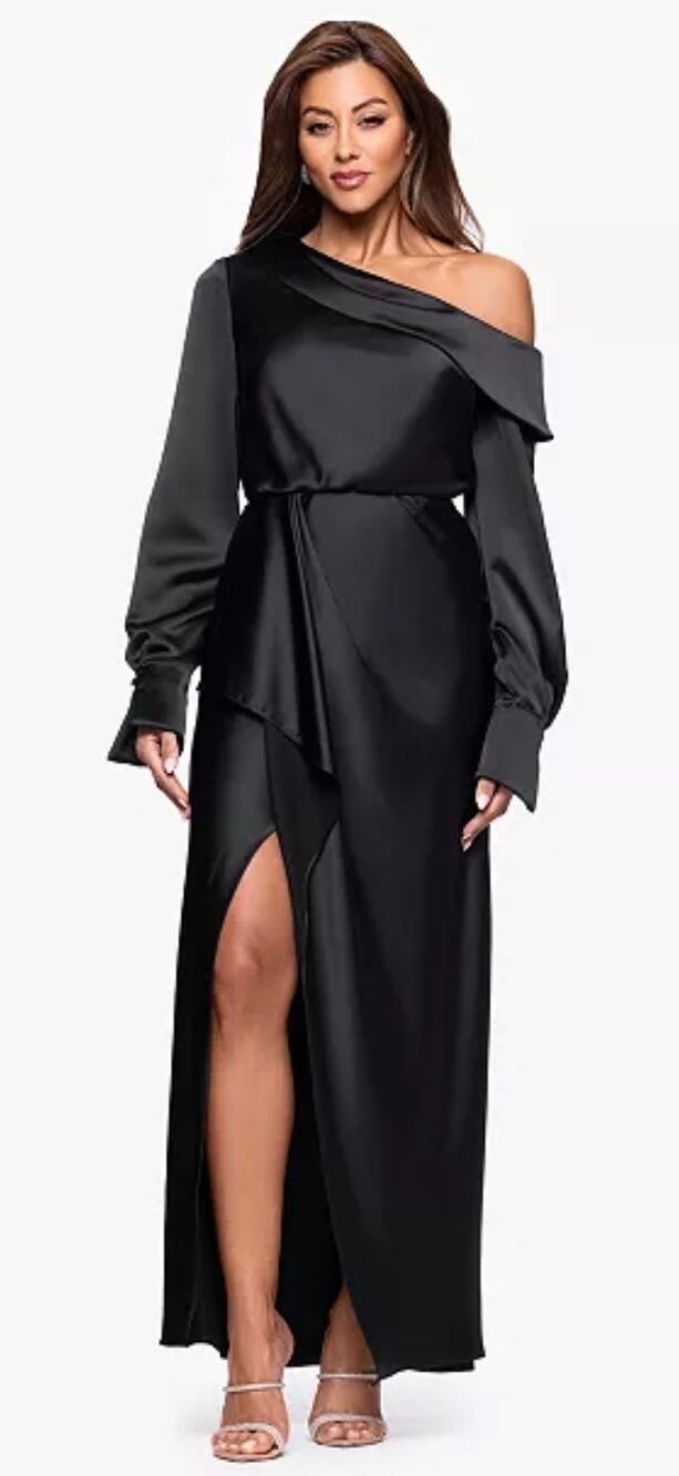 XScape Black One Shoulder  Sash Satin Long Sleeve Gown Dress 6 NWT